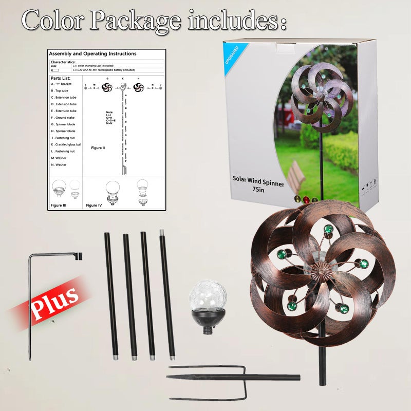 HDNICEZM Solar Wind Spinner Improved 360 Degrees Swivel Multi-Color LED Lighting Glass Ball with Kinetic Wind Spinner Vertical Metal Sculpture Stake Construction for Outdoor Yard Lawn & Garden. - Image 3